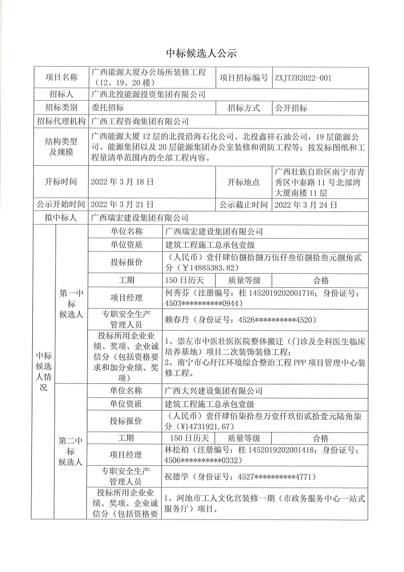 廣西能源大廈辦公場所裝修工程（12、19、20樓）施工招標中標候選人公示