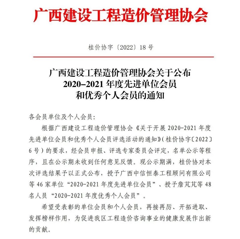 廣西工程咨詢集團直屬企業建信公司獲評為廣西建設工程造價管理協會2020-2021年度先進單位會員