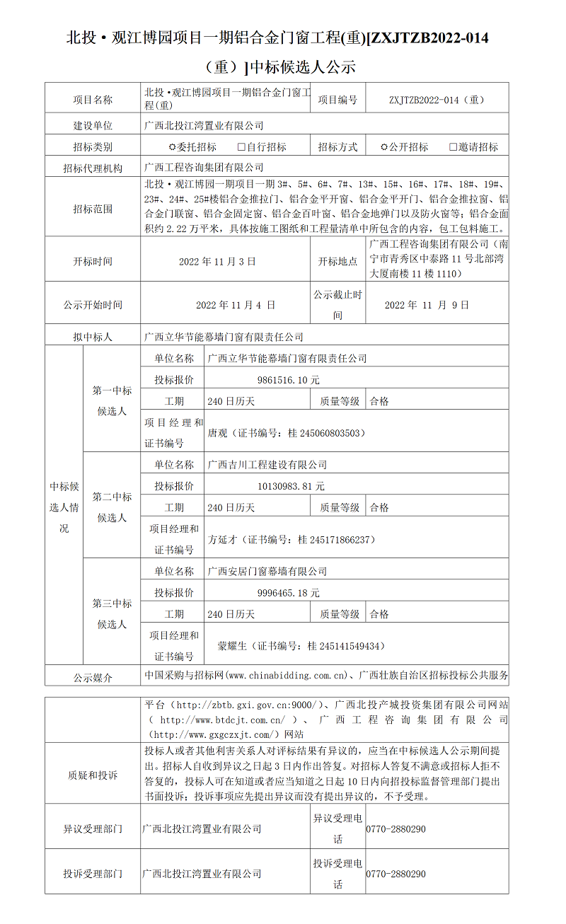 北投·觀江博園項目一期鋁合金門窗工程(重)[ZXJTZB2022-014（重）]中標候選人公示