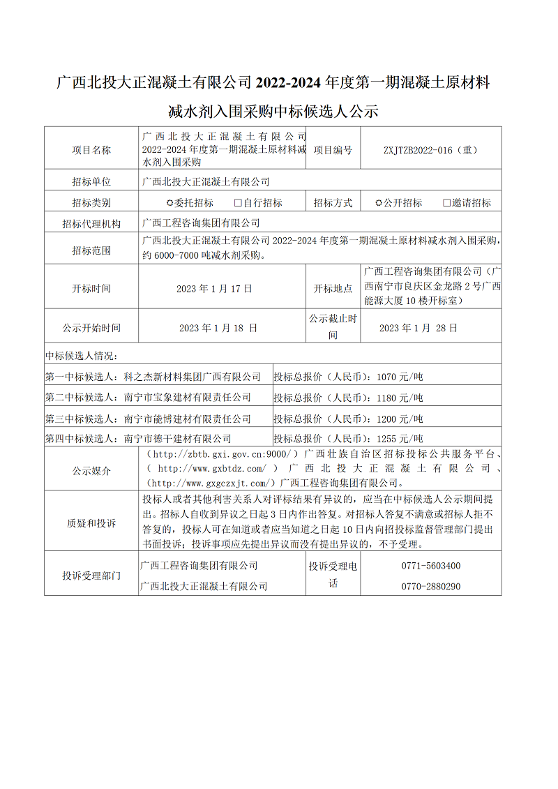 廣西北投大正混凝土有限公司2022-2024年度第一期混凝土原材料減水劑入圍采購(gòu)中標(biāo)候選人公示