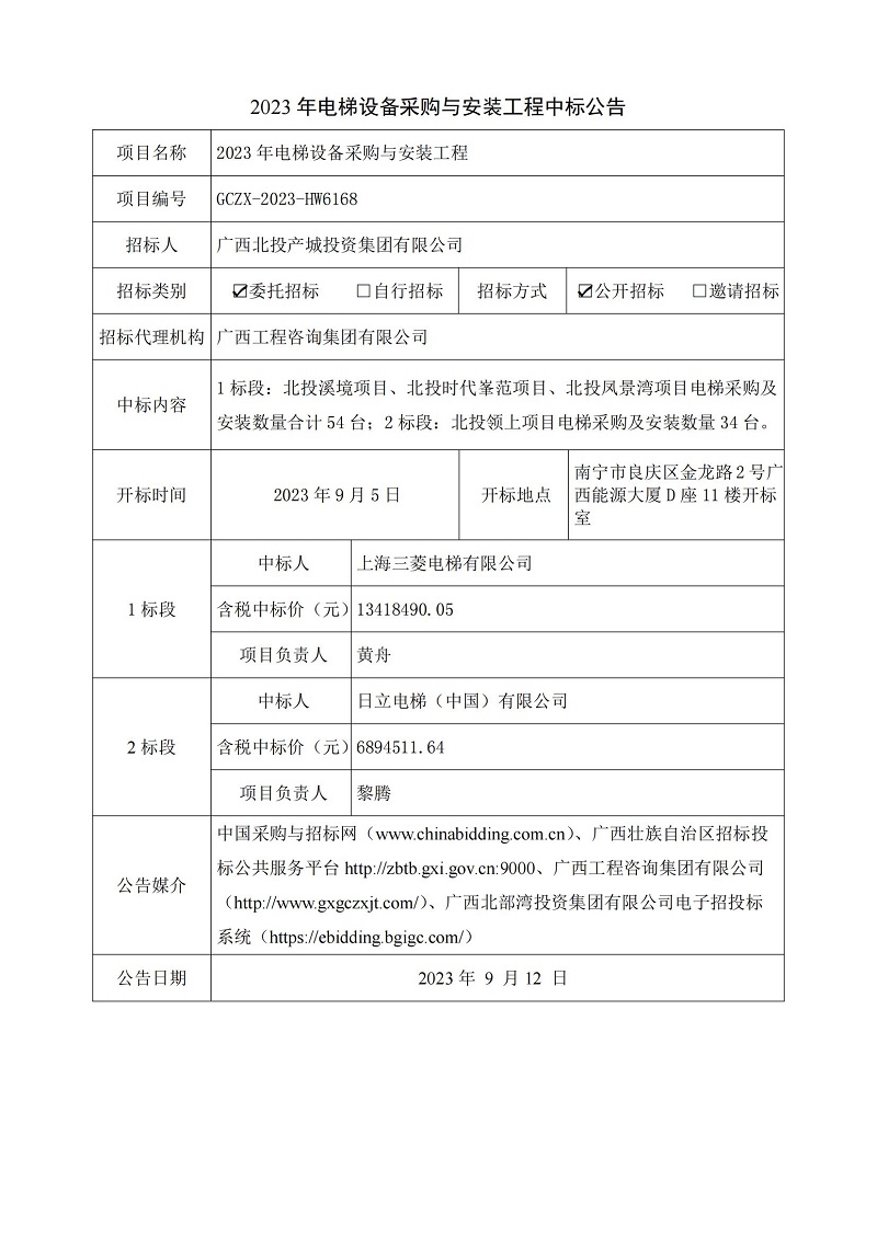 2023 年電梯設(shè)備采購與安裝工程中標(biāo)公告